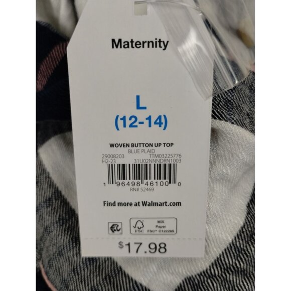 Time and Tru Maternity Womens Large Woven Button Up Top Blue Plaid Shirt - Picture 9 of 10
